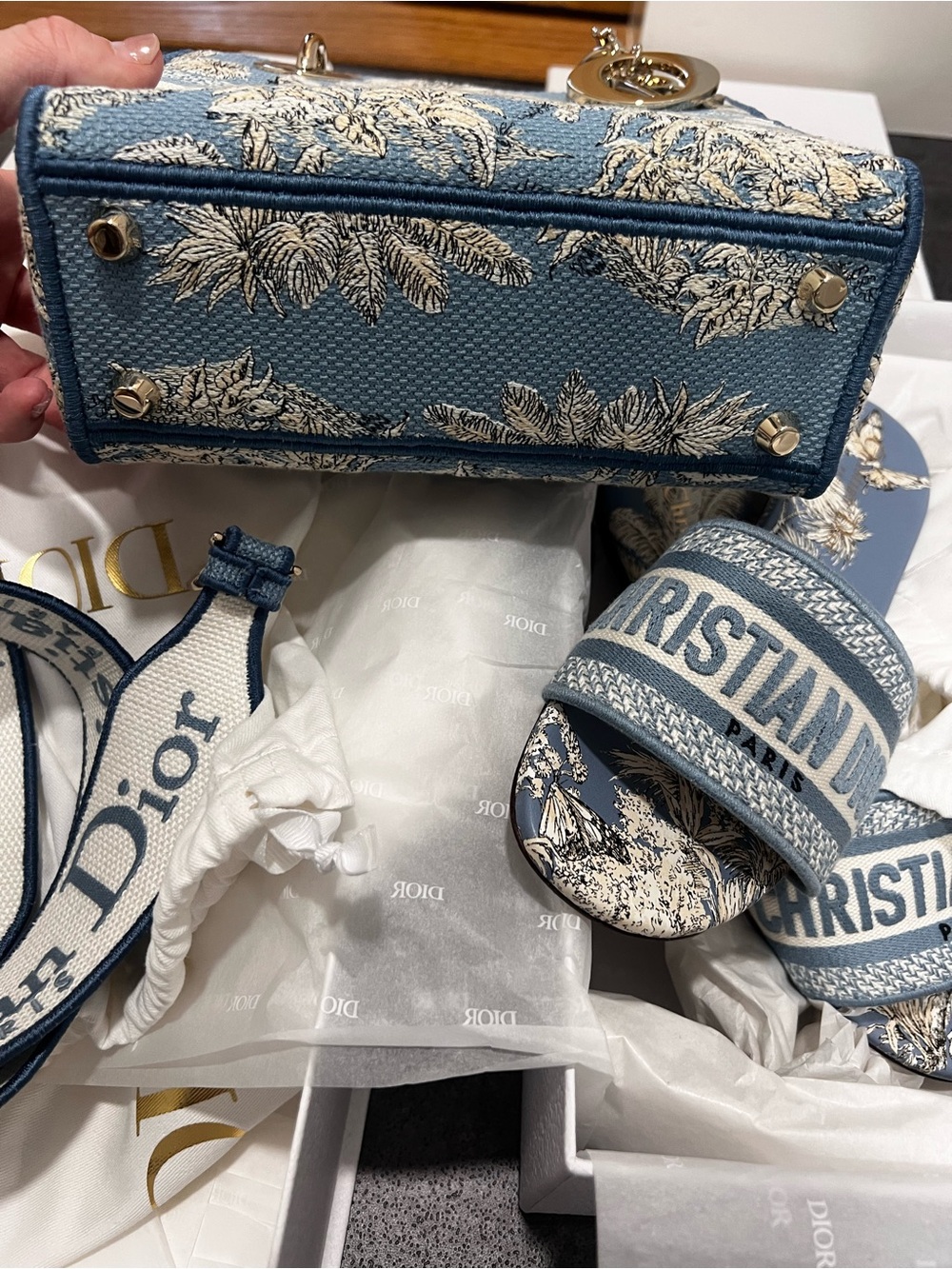 Dior Blue Lady Dior Mini Tote with Toile de Jouy Embroidery - Picture 5 of 16